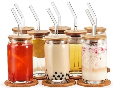 *Vaso de vidrio lata c/ tapa/ popote 12 piezas BH*