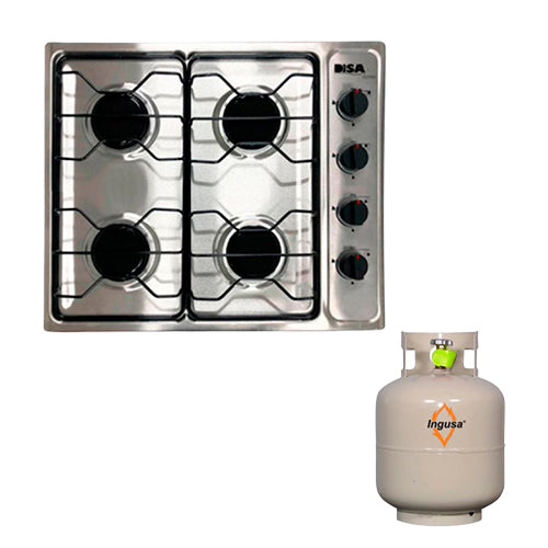 Parrilla Acero inox 4 quemadores Manual + Cilindro portatil de gas 10kg DSA