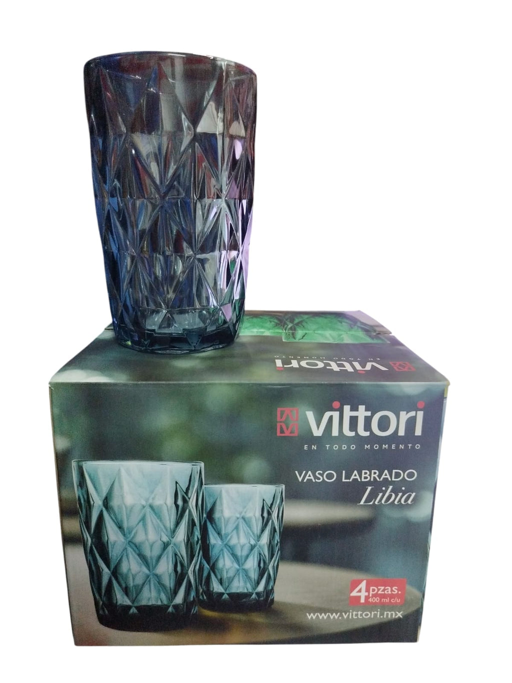 Vaso Labrado Libia Azul Cobalto 400ml Set 4 piezas