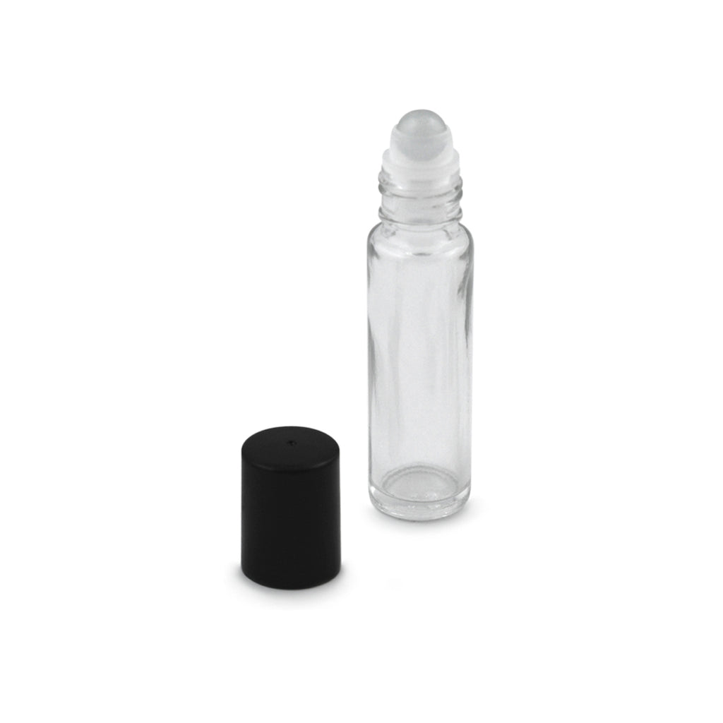 Frasco Roll On de 10ml de Cristal con Tapa Negra y Canica Dosificadora Lpk