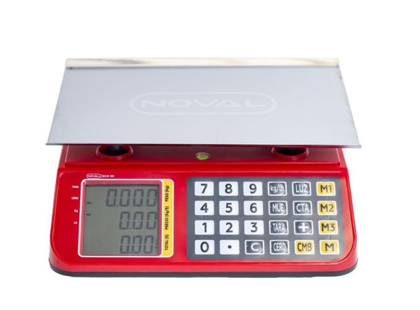 Báscula Digital Comercial Noval ECO-30 Rojo 30 kg Capacidad, 2 g Precisión, Pantalla LCD, Batería Recargable