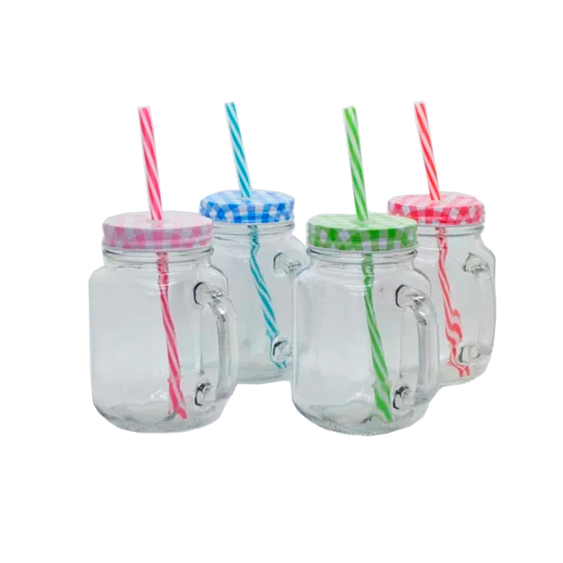 Tarro Vidrio Drinking Jar de 480 ml con Tapa y Popote Colores JMX