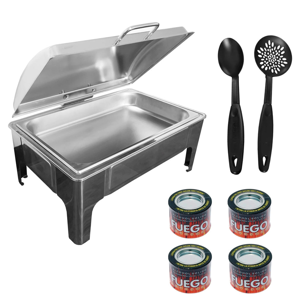 Bufetera con Bisagra Hidraulica Ac.Inox.+ 4 latas de alcohol solido + Cuchara y Espumadera