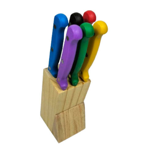 Juego de 6 Cuchillos media hoja mango color/ base madera